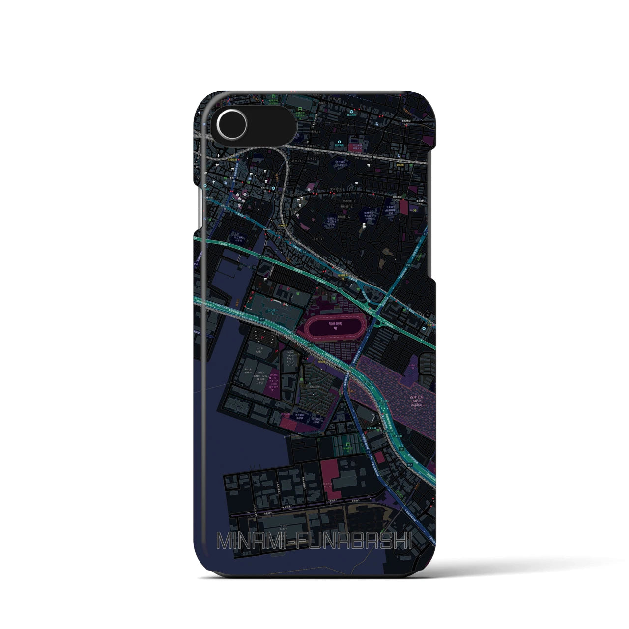 【南船橋】地図柄iPhoneケース（バックカバータイプ・ブラック）iPhone SE（第3 / 第2世代） / 8 / 7 / 6s / 6 用