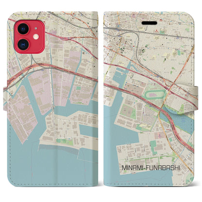 【南船橋（千葉県）】地図柄iPhoneケース（手帳タイプ）ナチュラル・iPhone 11 用