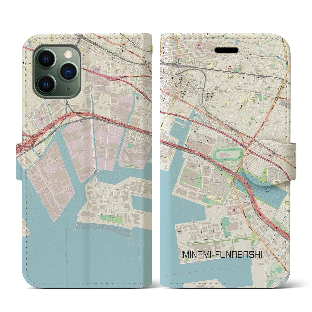 【南船橋】地図柄iPhoneケース（手帳両面タイプ・ナチュラル）iPhone 11 Pro 用