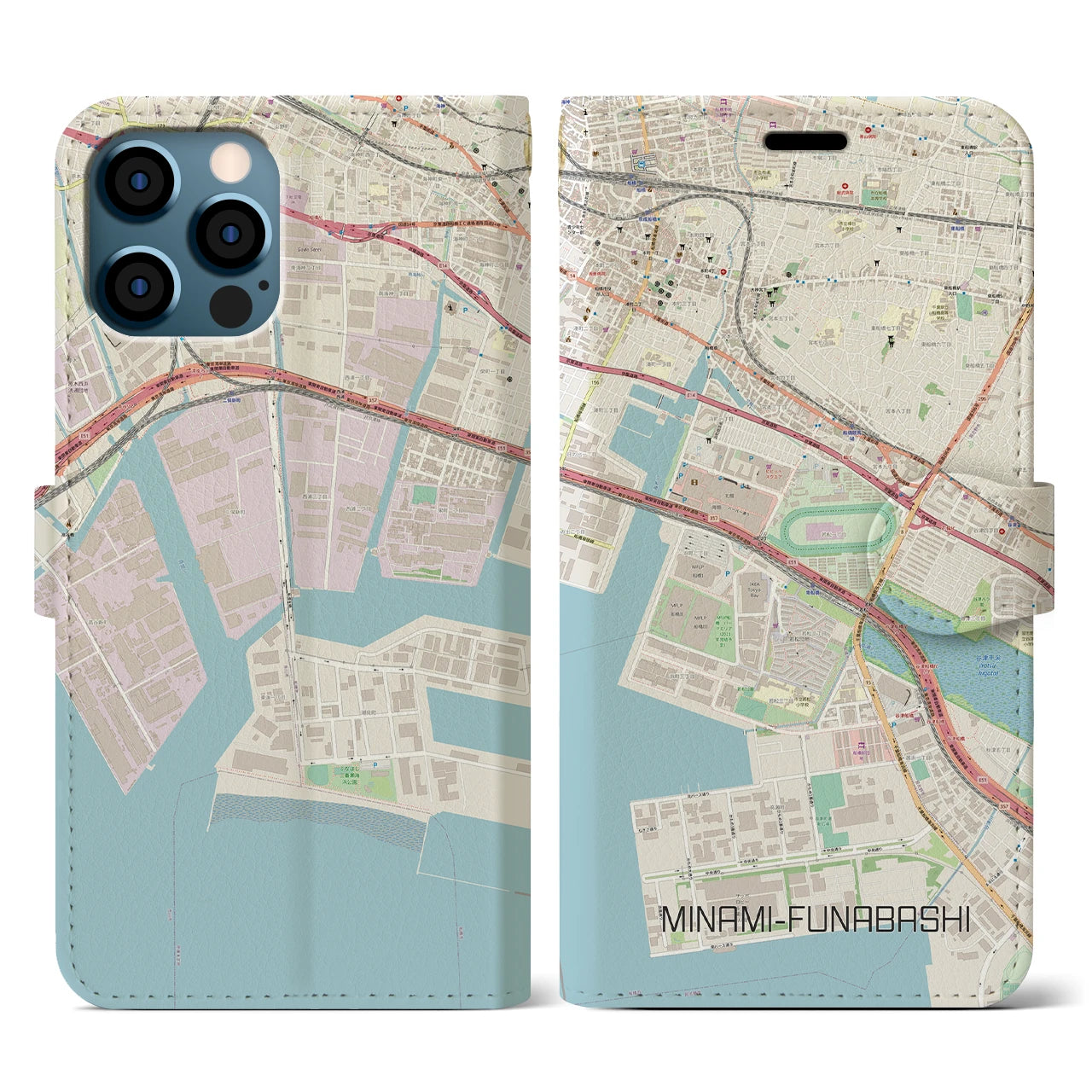 【南船橋】地図柄iPhoneケース（手帳両面タイプ・ナチュラル）iPhone 12 / 12 Pro 用