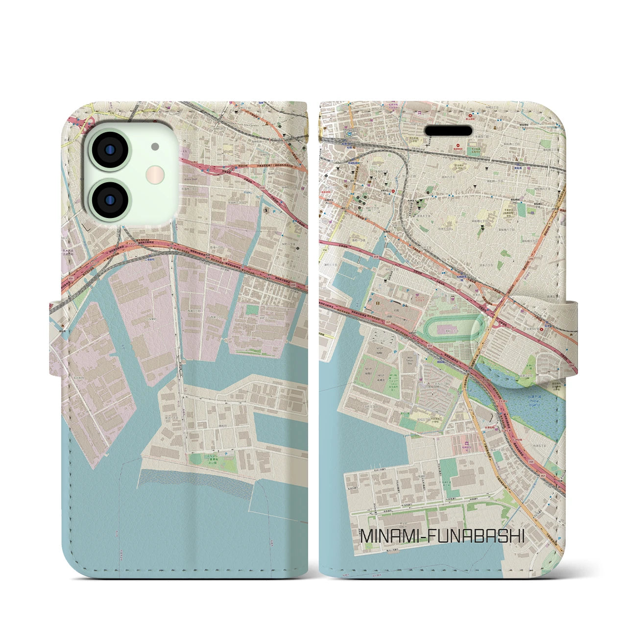 【南船橋】地図柄iPhoneケース（手帳両面タイプ・ナチュラル）iPhone 12 mini 用