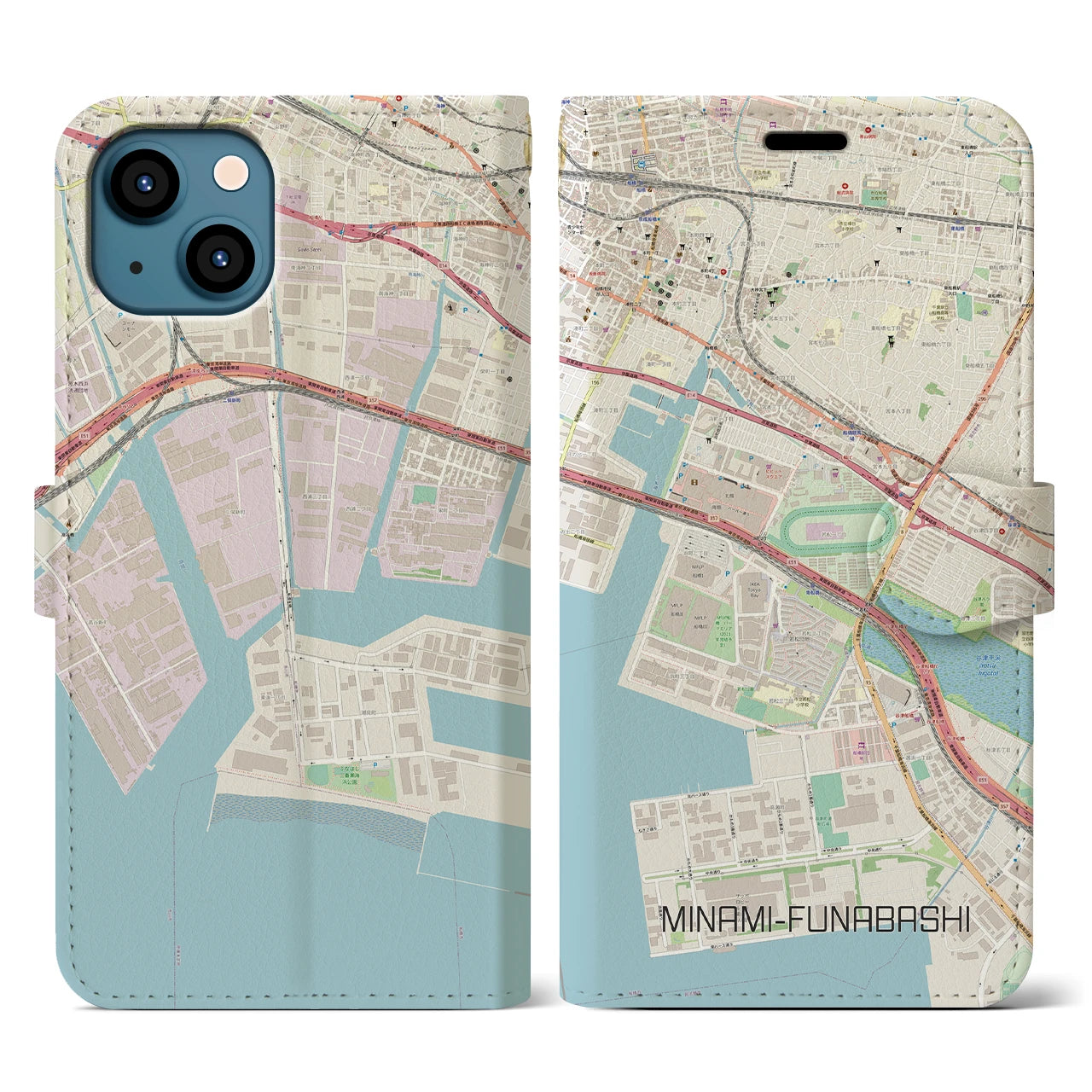 【南船橋】地図柄iPhoneケース（手帳両面タイプ・ナチュラル）iPhone 13 用
