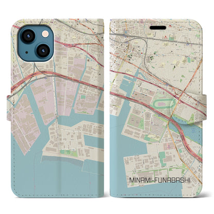 【南船橋（千葉県）】地図柄iPhoneケース（手帳タイプ）ナチュラル・iPhone 13 用