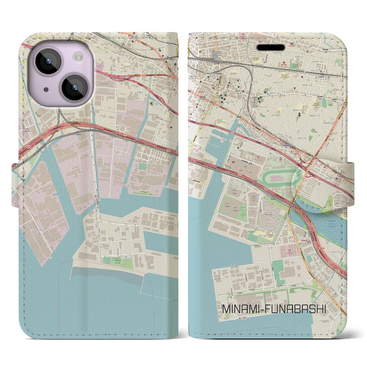 【南船橋】地図柄iPhoneケース（手帳両面タイプ・ナチュラル）iPhone 14 用