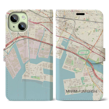 【南船橋（千葉県）】地図柄iPhoneケース（手帳タイプ）ナチュラル・iPhone 15 用