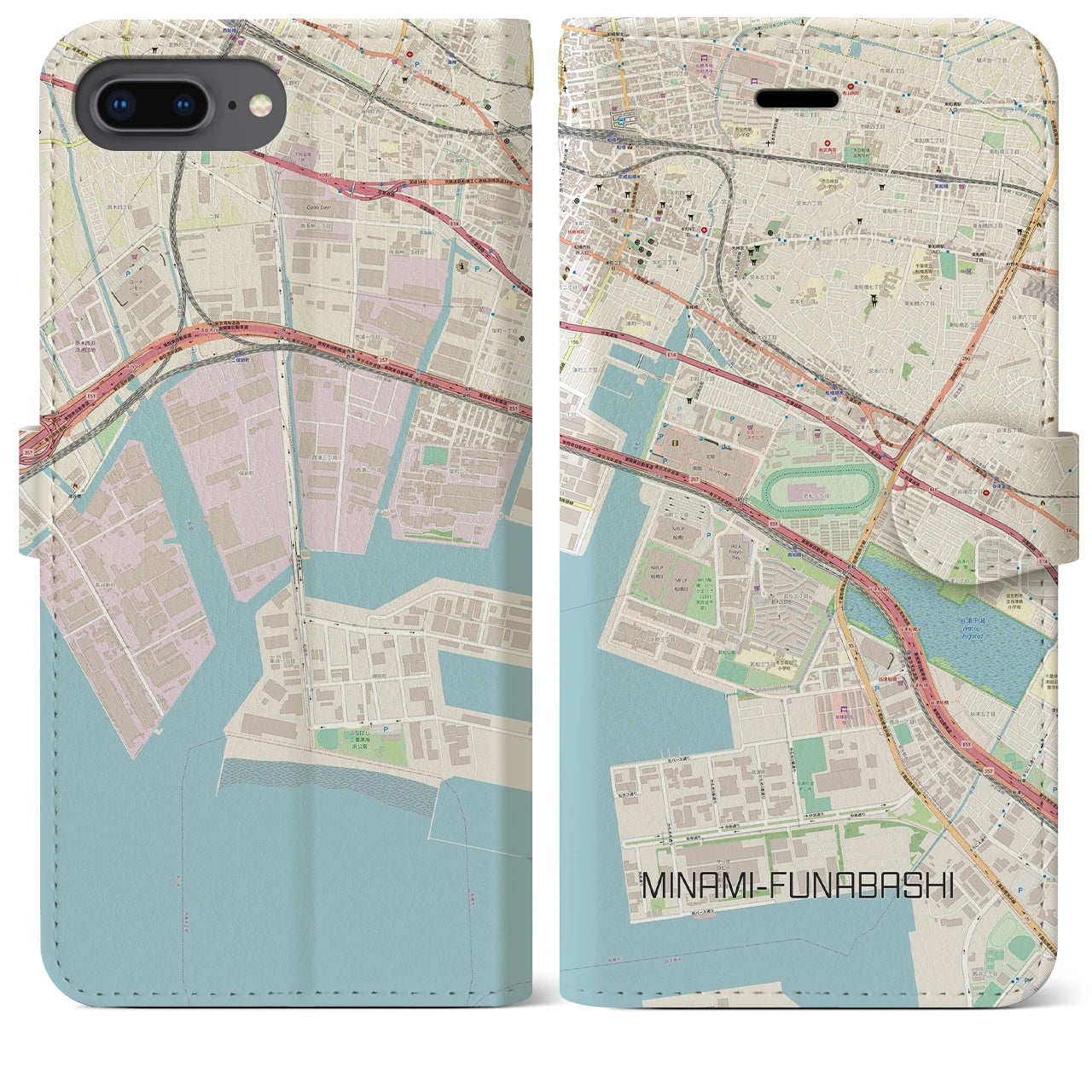 【南船橋】地図柄iPhoneケース（手帳両面タイプ・ナチュラル）iPhone 8Plus /7Plus / 6sPlus / 6Plus 用