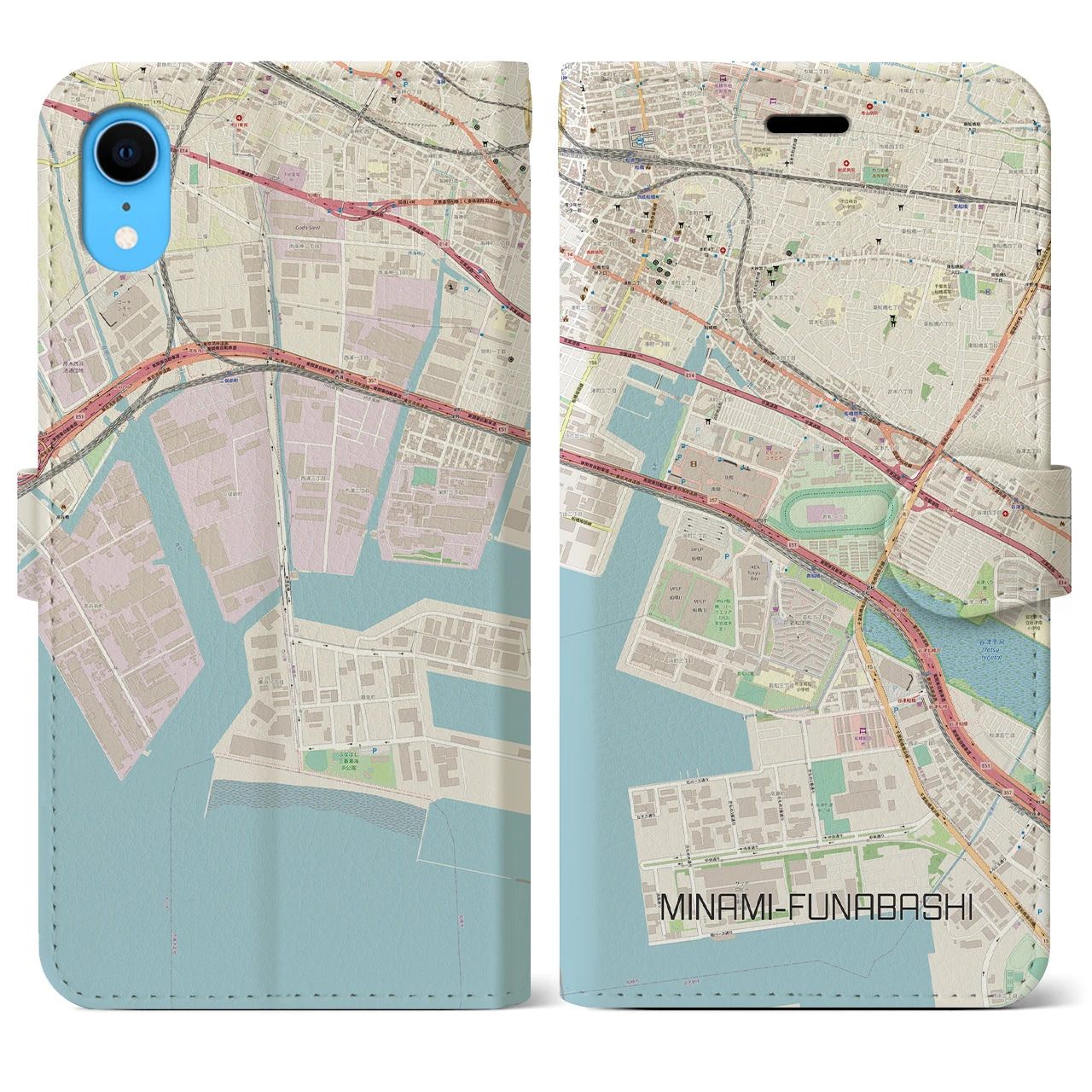 【南船橋】地図柄iPhoneケース（手帳両面タイプ・ナチュラル）iPhone XR 用
