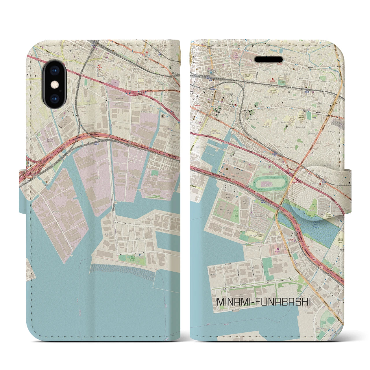 【南船橋】地図柄iPhoneケース（手帳両面タイプ・ナチュラル）iPhone XS / X 用