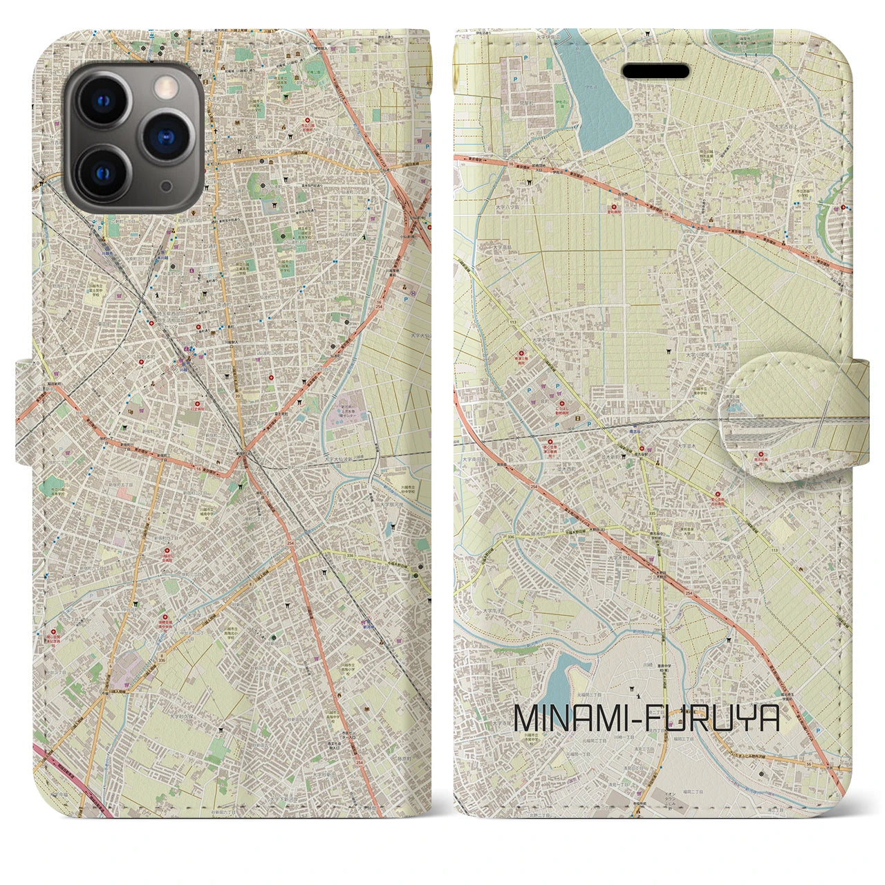【南古谷】地図柄iPhoneケース（手帳両面タイプ・ナチュラル）iPhone 11 Pro Max 用