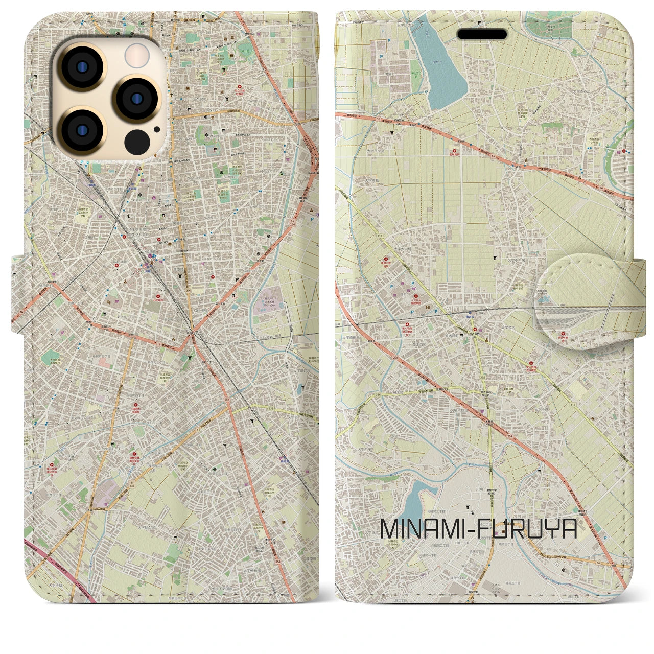 【南古谷】地図柄iPhoneケース（手帳両面タイプ・ナチュラル）iPhone 12 Pro Max 用
