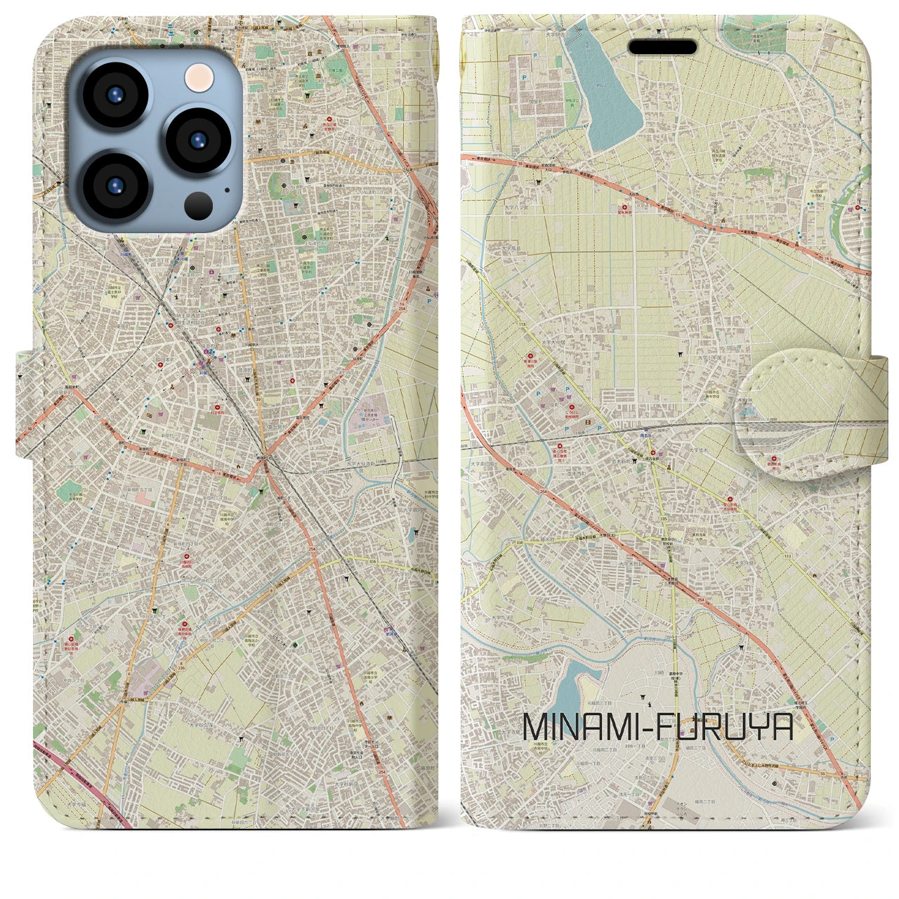 【南古谷】地図柄iPhoneケース（手帳両面タイプ・ナチュラル）iPhone 13 Pro Max 用