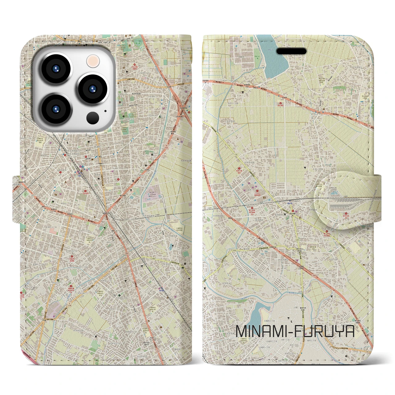 【南古谷】地図柄iPhoneケース（手帳両面タイプ・ナチュラル）iPhone 13 Pro 用
