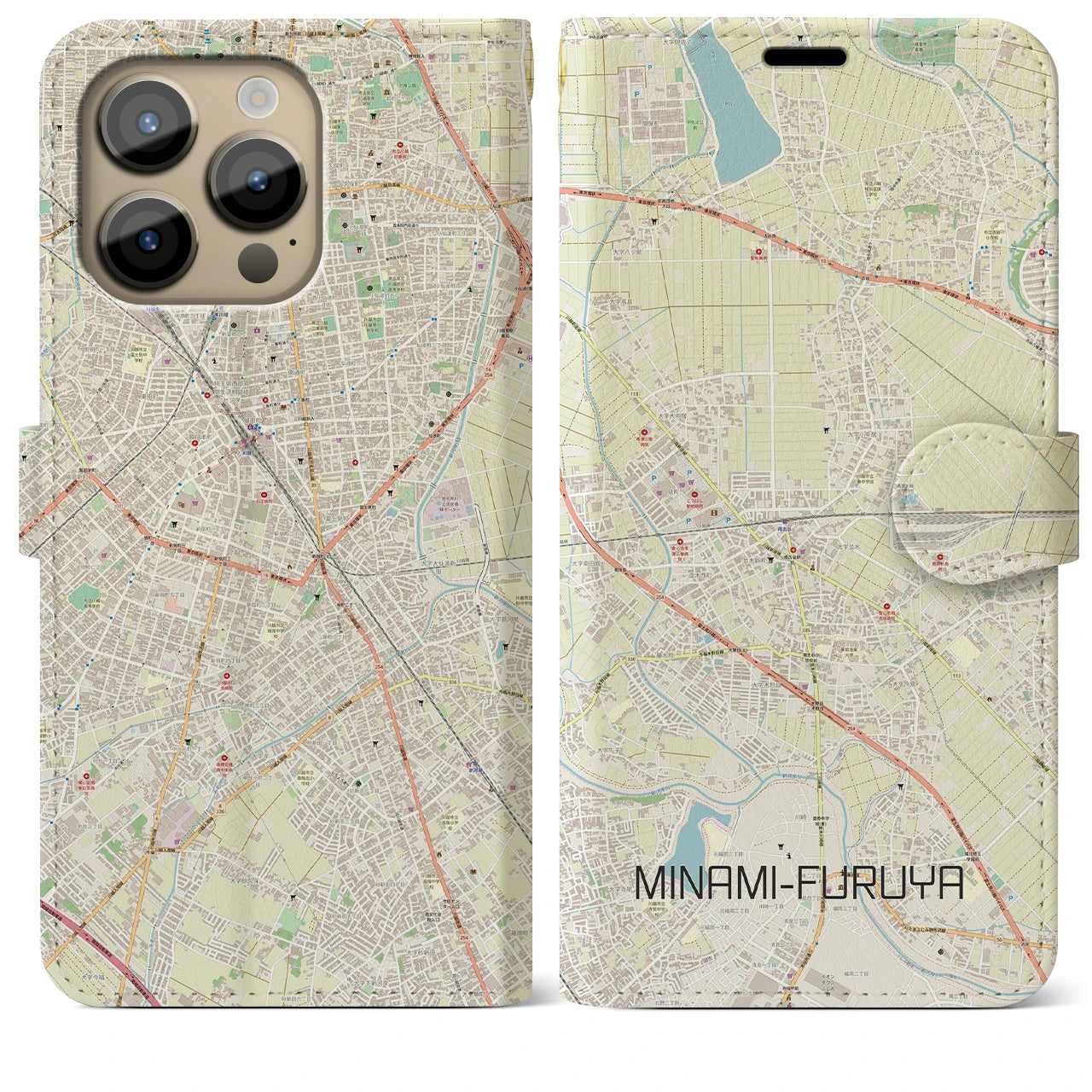 【南古谷】地図柄iPhoneケース（手帳両面タイプ・ナチュラル）iPhone 14 Pro Max 用