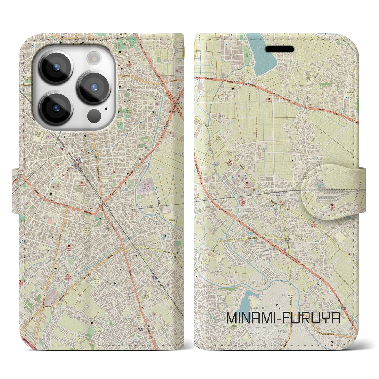 【南古谷】地図柄iPhoneケース（手帳両面タイプ・ナチュラル）iPhone 14 Pro 用