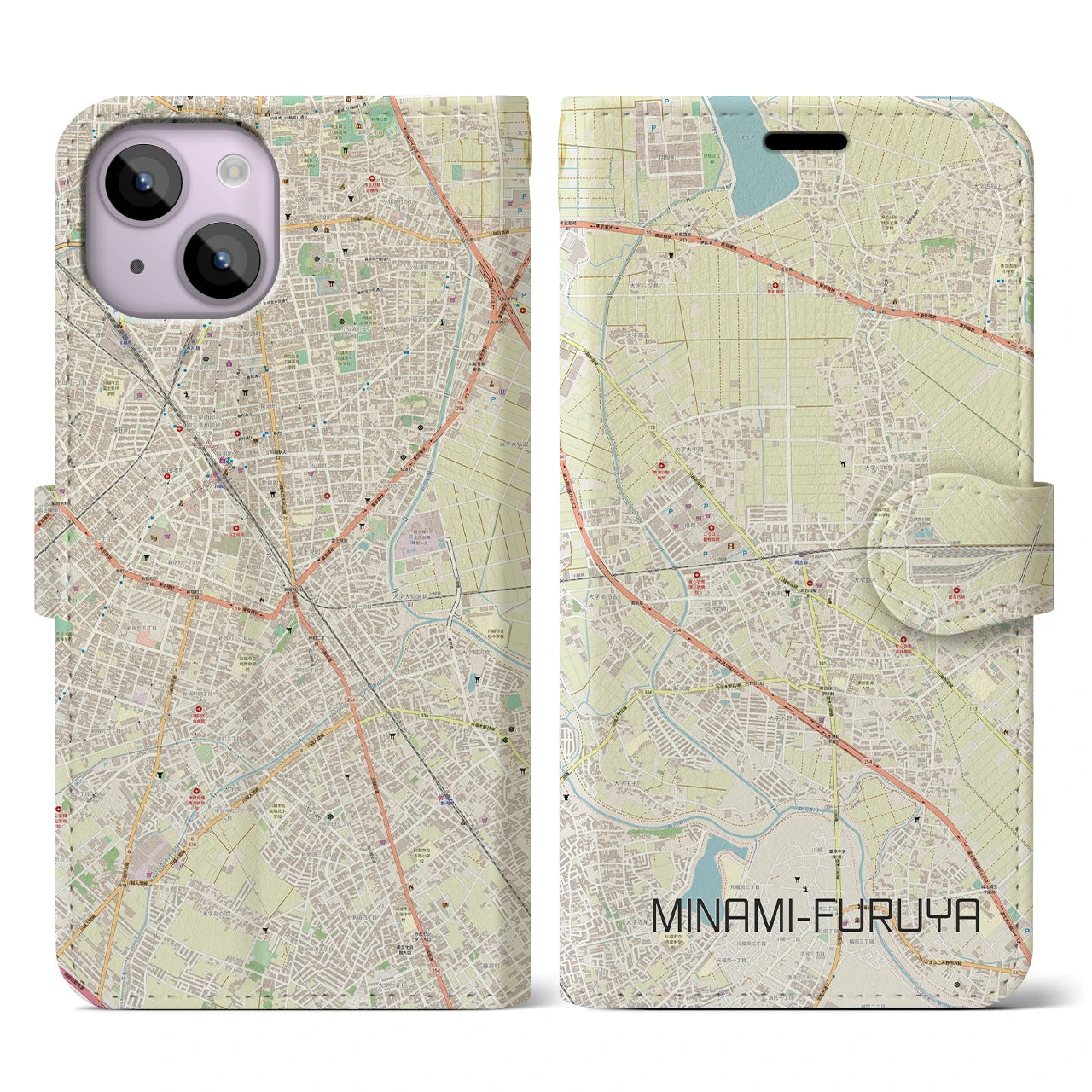 【南古谷】地図柄iPhoneケース（手帳両面タイプ・ナチュラル）iPhone 14 用