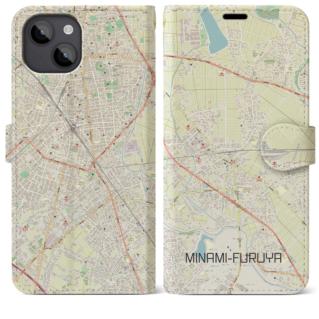【南古谷】地図柄iPhoneケース（手帳両面タイプ・ナチュラル）iPhone 14 Plus 用