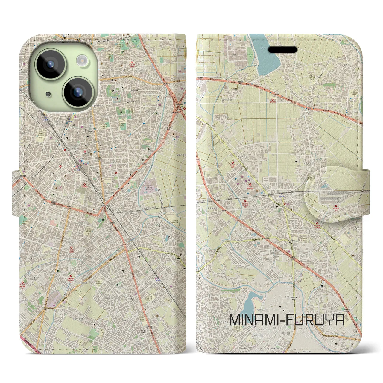 【南古谷】地図柄iPhoneケース（手帳両面タイプ・ナチュラル）iPhone 15 用