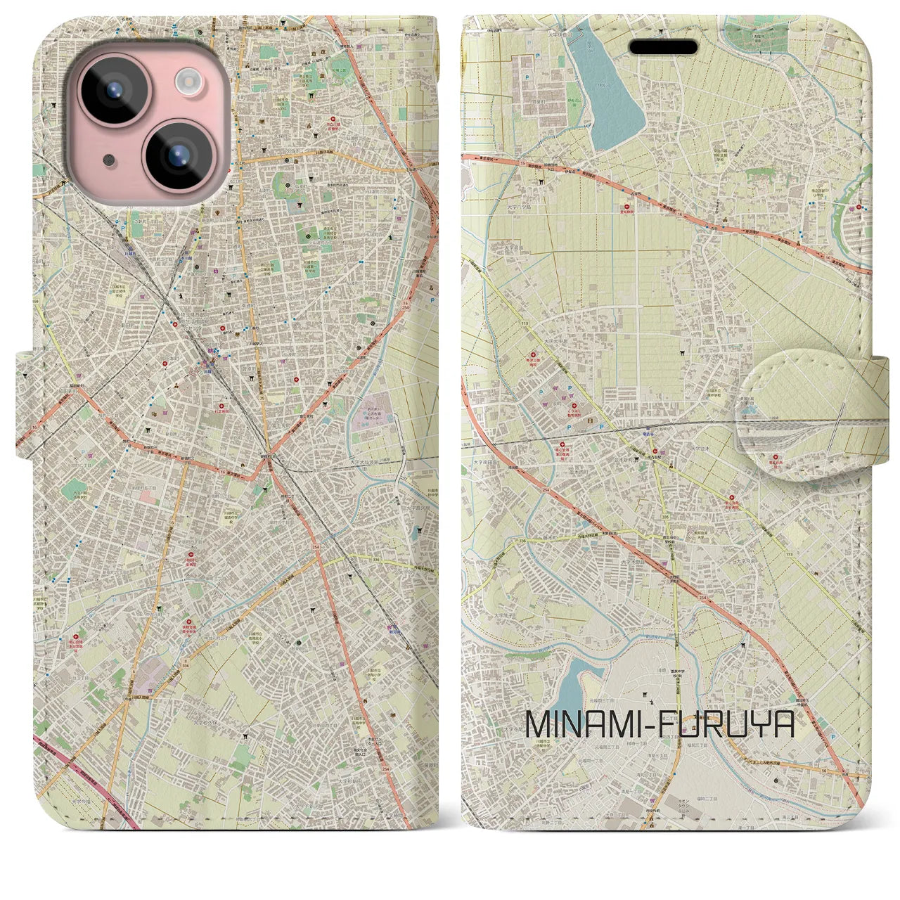 【南古谷】地図柄iPhoneケース（手帳両面タイプ・ナチュラル）iPhone 15 Plus 用