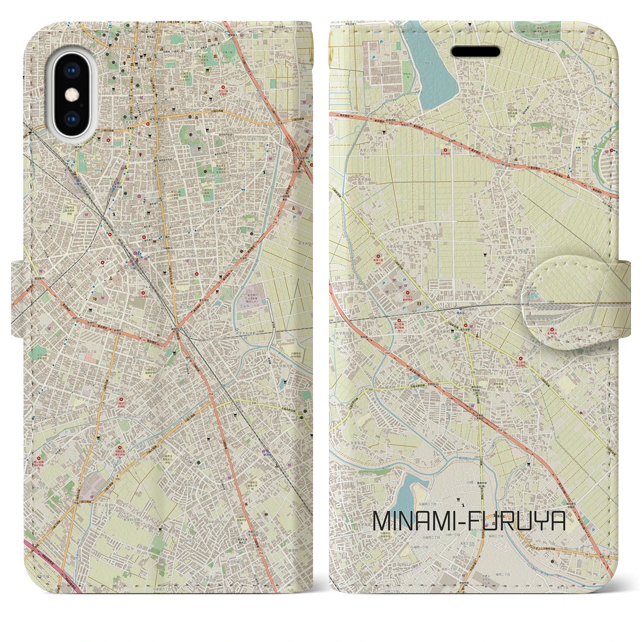 【南古谷】地図柄iPhoneケース（手帳両面タイプ・ナチュラル）iPhone XS Max 用