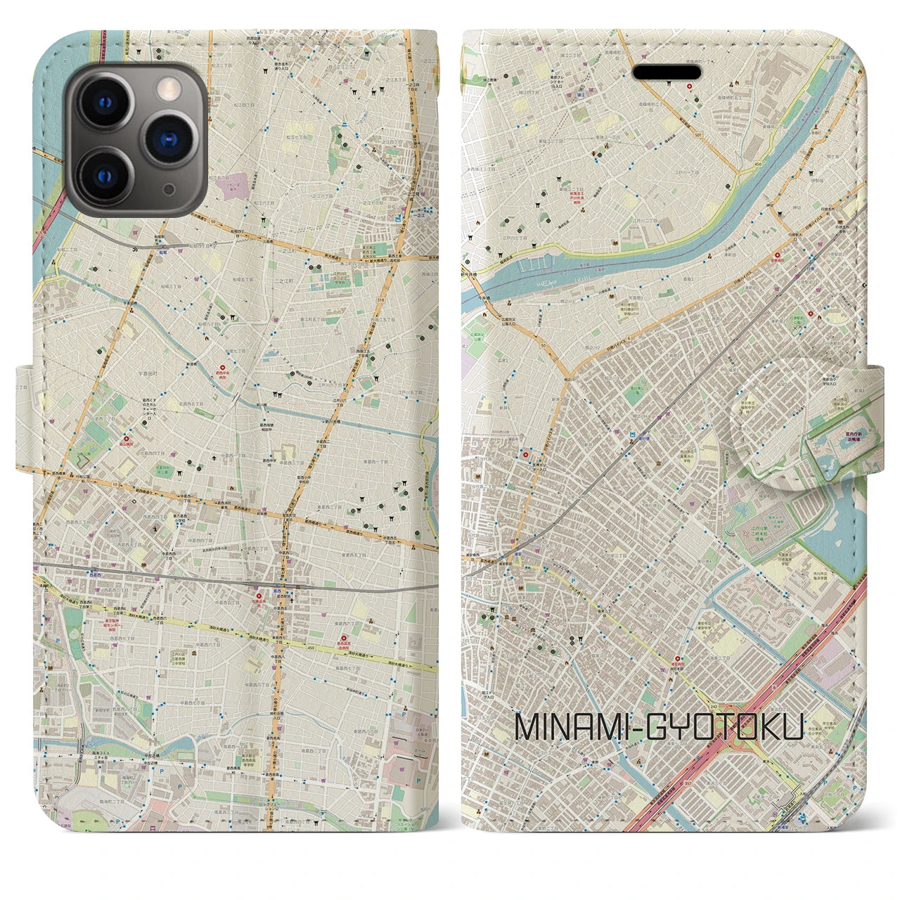 【南行徳】地図柄iPhoneケース（手帳両面タイプ・ナチュラル）iPhone 11 Pro Max 用