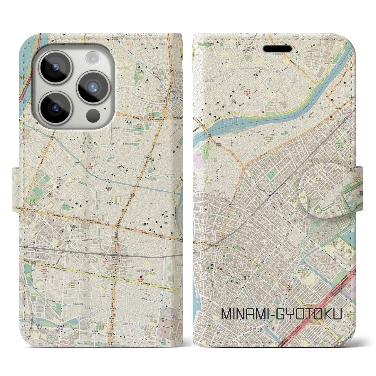 【南行徳】地図柄iPhoneケース（手帳両面タイプ・ナチュラル）iPhone 15 Pro 用