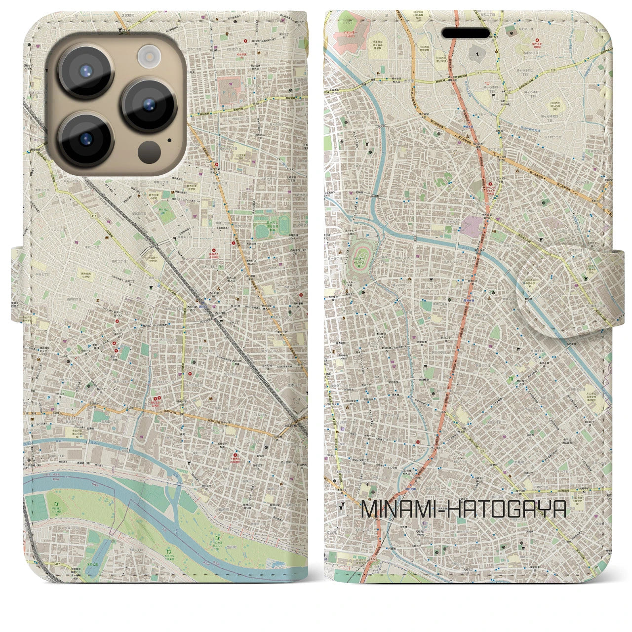 【南鳩ヶ谷】地図柄iPhoneケース（手帳両面タイプ・ナチュラル）iPhone 14 Pro Max 用