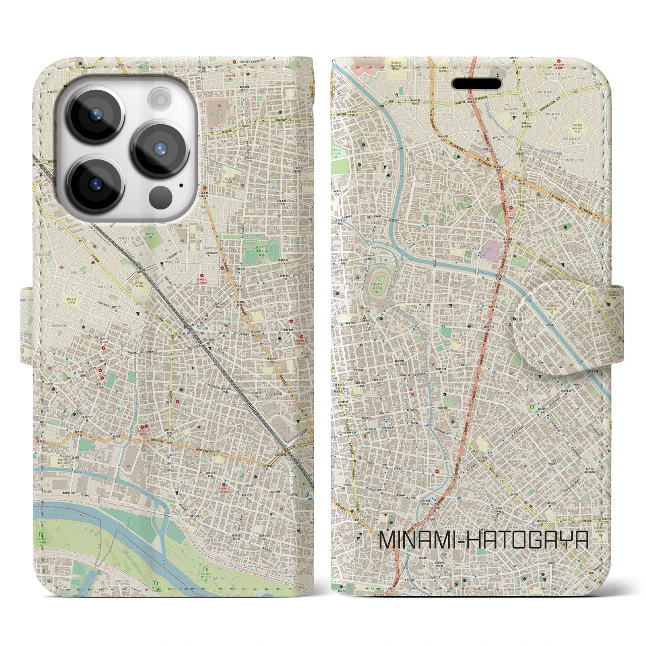 【南鳩ヶ谷】地図柄iPhoneケース（手帳両面タイプ・ナチュラル）iPhone 14 Pro 用