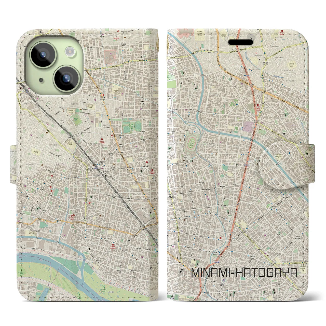 【南鳩ヶ谷】地図柄iPhoneケース（手帳両面タイプ・ナチュラル）iPhone 15 用