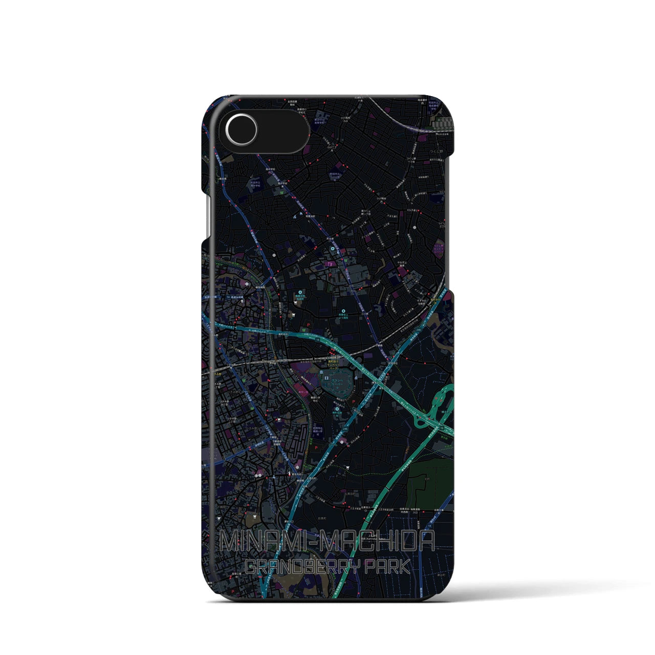 【南町田グランベリーパーク】地図柄iPhoneケース（バックカバータイプ・ブラック）iPhone SE（第3 / 第2世代） / 8 / 7 / 6s / 6 用
