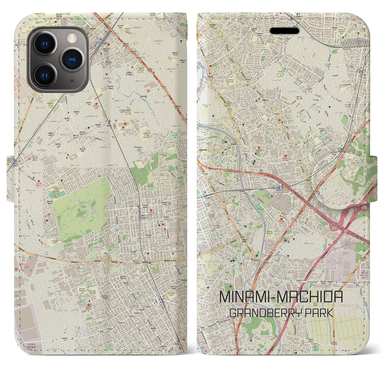 【南町田グランベリーパーク】地図柄iPhoneケース（手帳両面タイプ・ナチュラル）iPhone 11 Pro Max 用