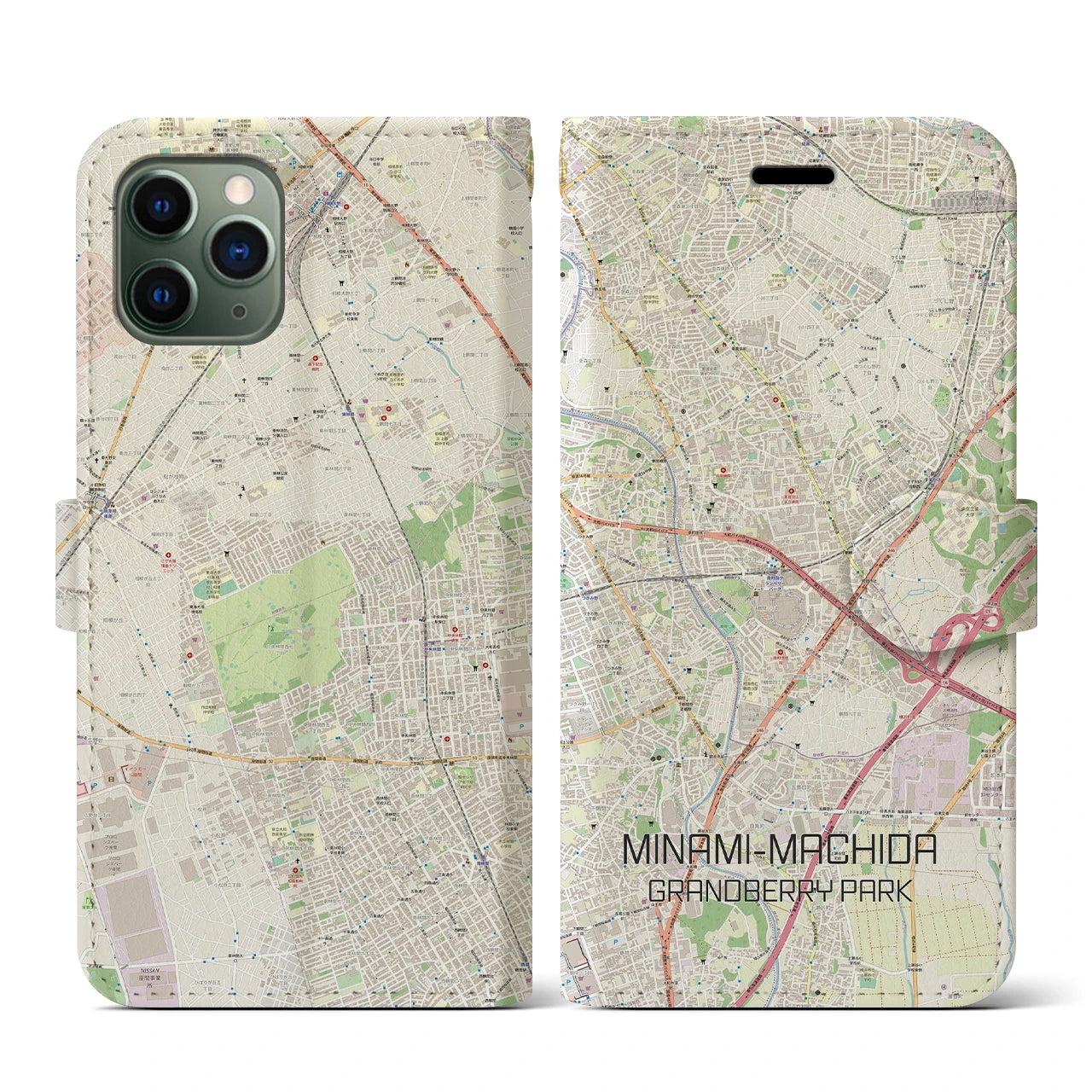 【南町田グランベリーパーク】地図柄iPhoneケース（手帳両面タイプ・ナチュラル）iPhone 11 Pro 用