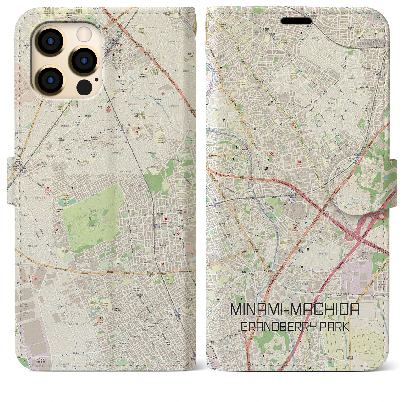 【南町田グランベリーパーク】地図柄iPhoneケース（手帳両面タイプ・ナチュラル）iPhone 12 Pro Max 用