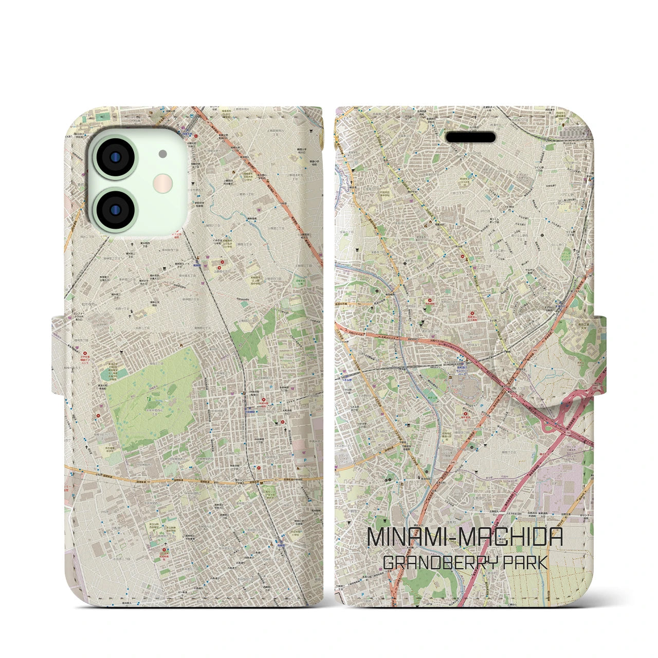 【南町田グランベリーパーク】地図柄iPhoneケース（手帳両面タイプ・ナチュラル）iPhone 12 mini 用