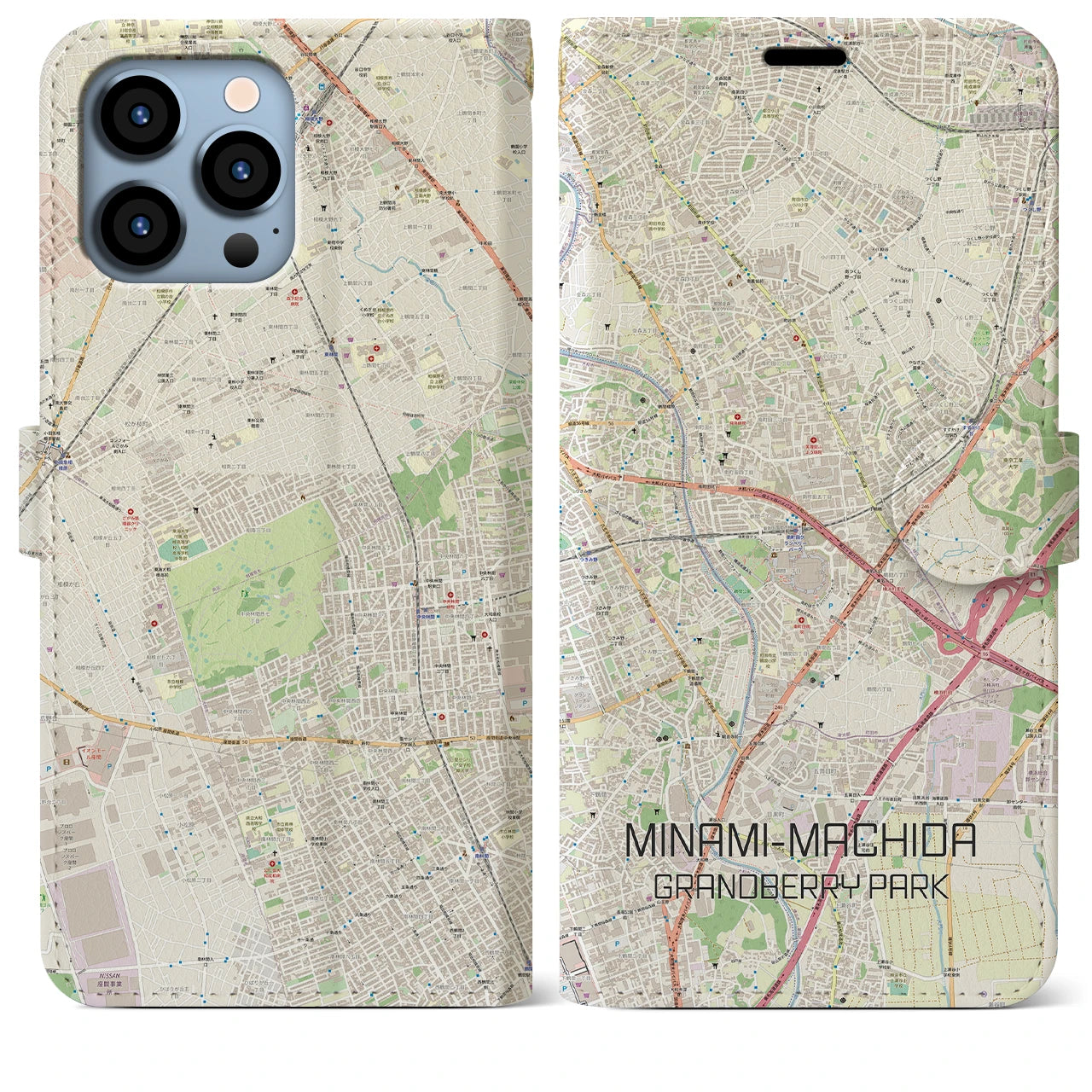 【南町田グランベリーパーク】地図柄iPhoneケース（手帳両面タイプ・ナチュラル）iPhone 13 Pro Max 用