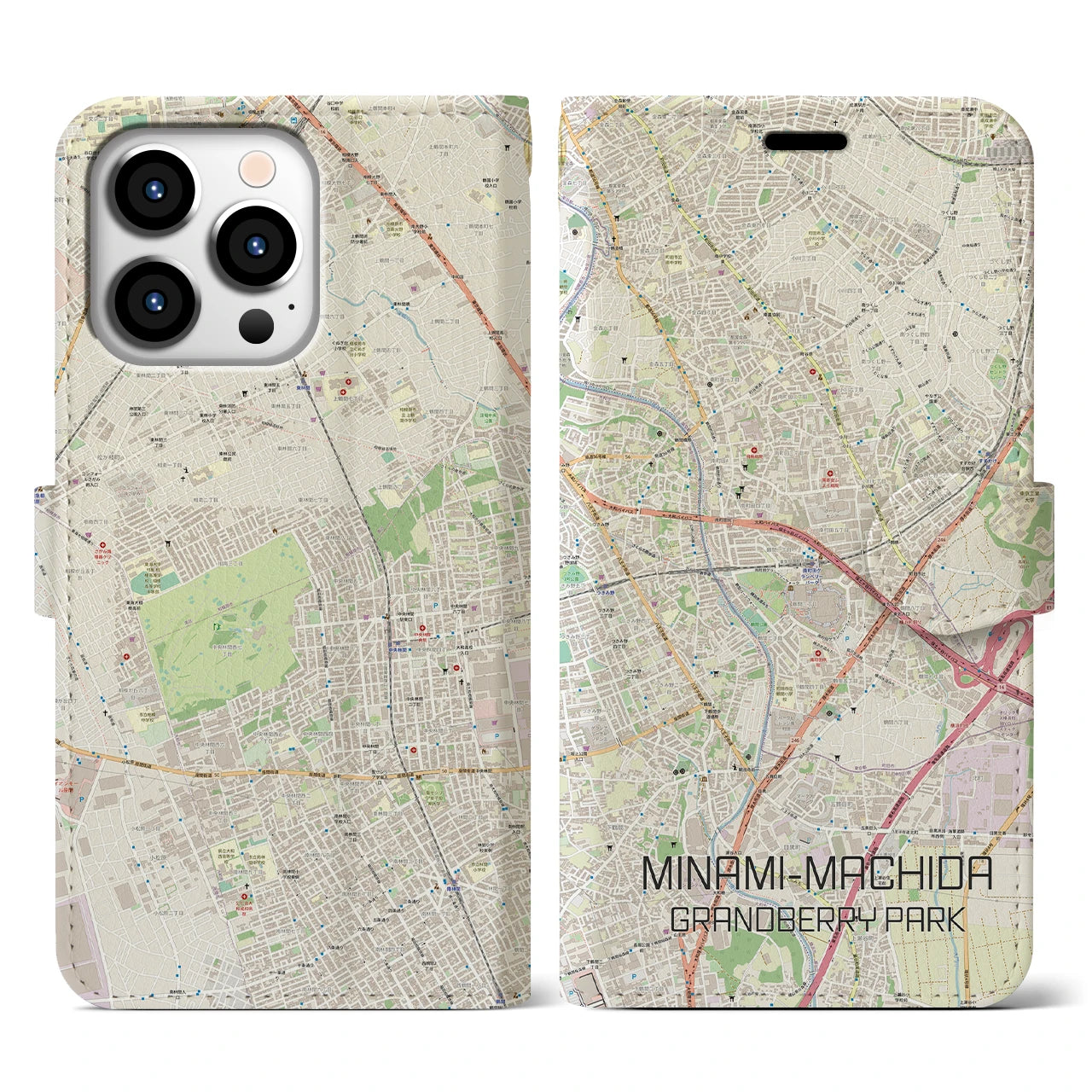 【南町田グランベリーパーク】地図柄iPhoneケース（手帳両面タイプ・ナチュラル）iPhone 13 Pro 用