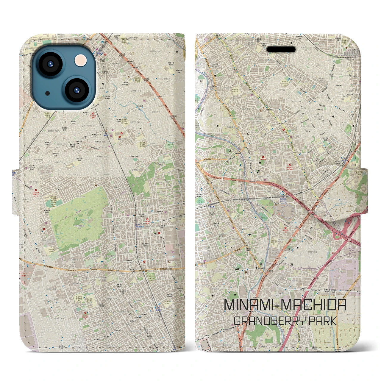 【南町田グランベリーパーク】地図柄iPhoneケース（手帳両面タイプ・ナチュラル）iPhone 13 用