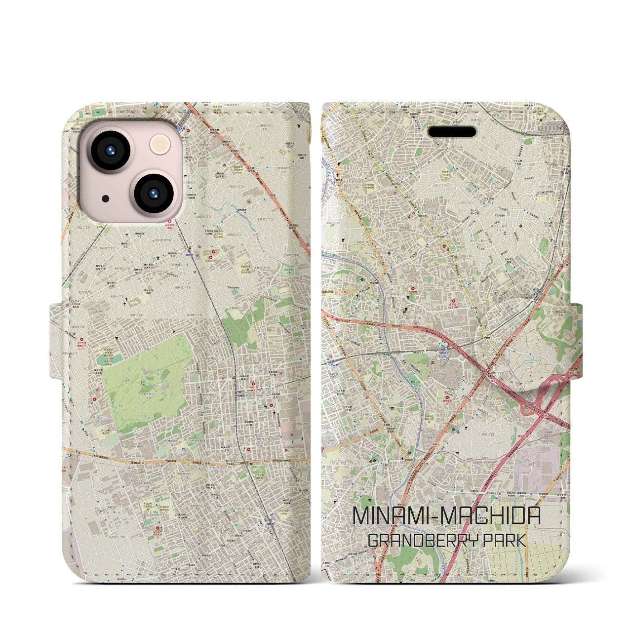 【南町田グランベリーパーク】地図柄iPhoneケース（手帳両面タイプ・ナチュラル）iPhone 13 mini 用