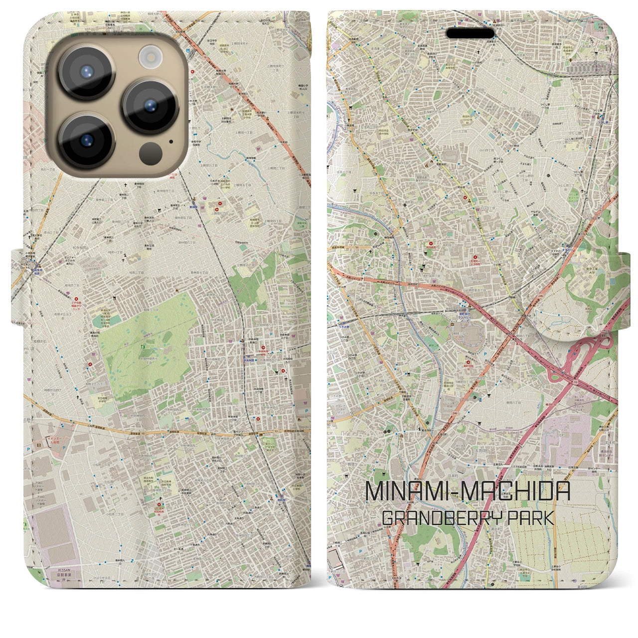 【南町田グランベリーパーク】地図柄iPhoneケース（手帳両面タイプ・ナチュラル）iPhone 14 Pro Max 用