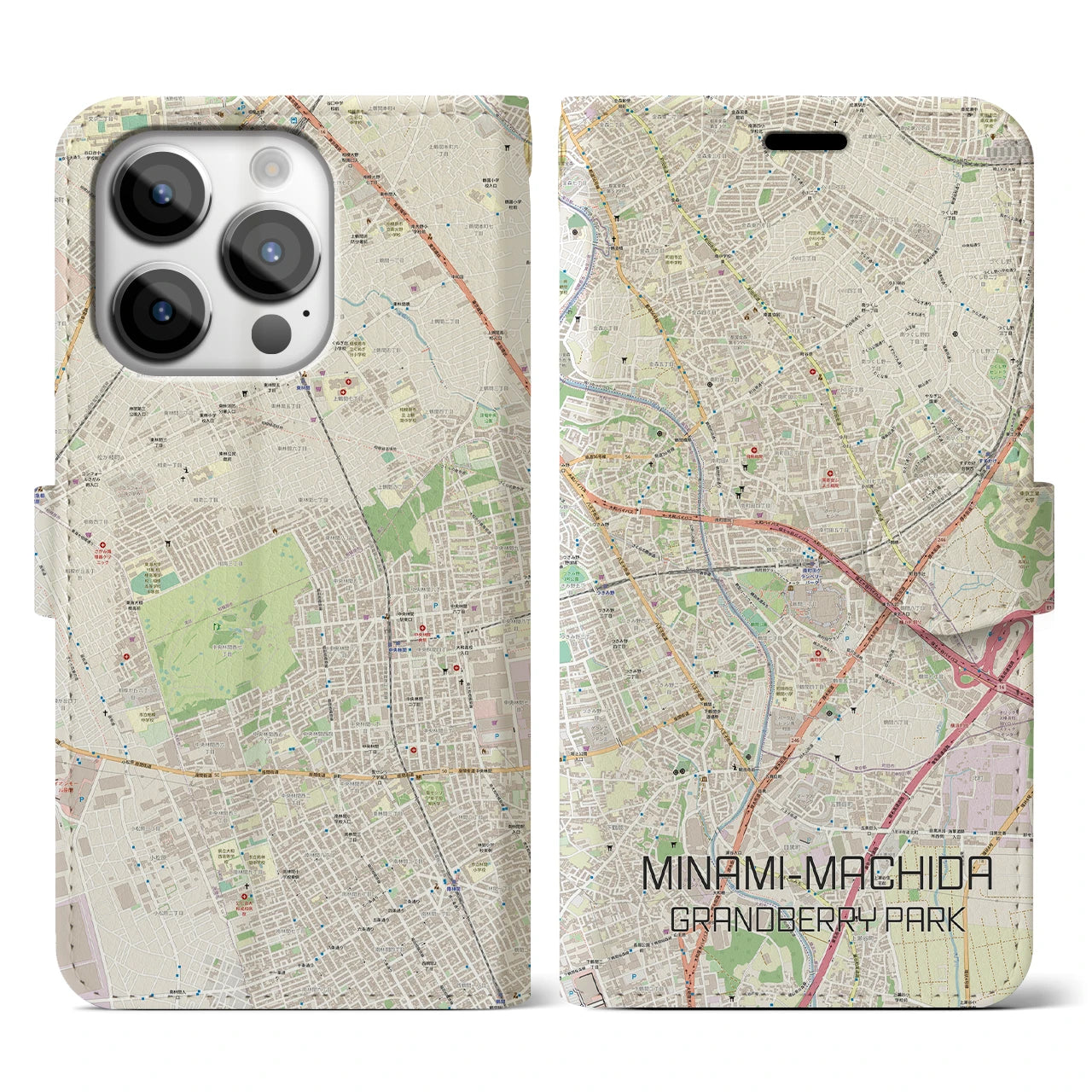 【南町田グランベリーパーク】地図柄iPhoneケース（手帳両面タイプ・ナチュラル）iPhone 14 Pro 用