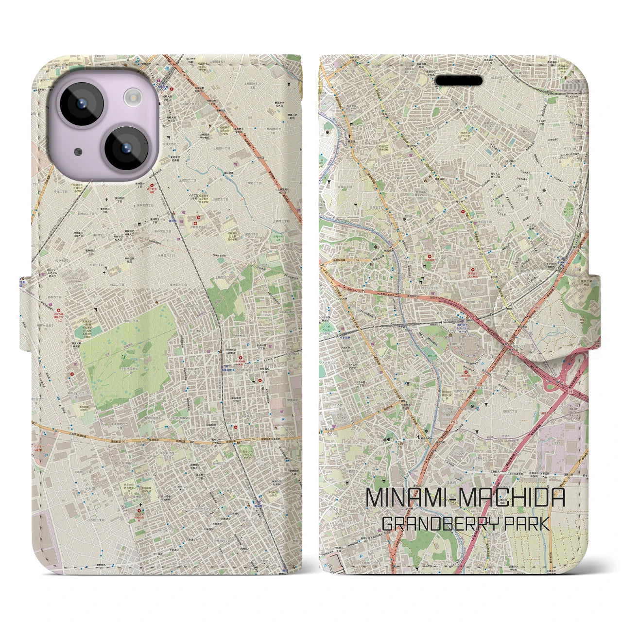【南町田グランベリーパーク】地図柄iPhoneケース（手帳両面タイプ・ナチュラル）iPhone 14 用