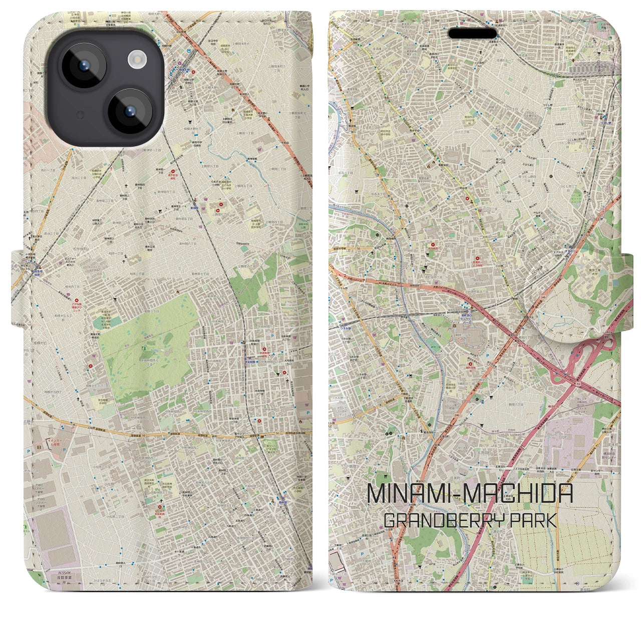 【南町田グランベリーパーク】地図柄iPhoneケース（手帳両面タイプ・ナチュラル）iPhone 14 Plus 用