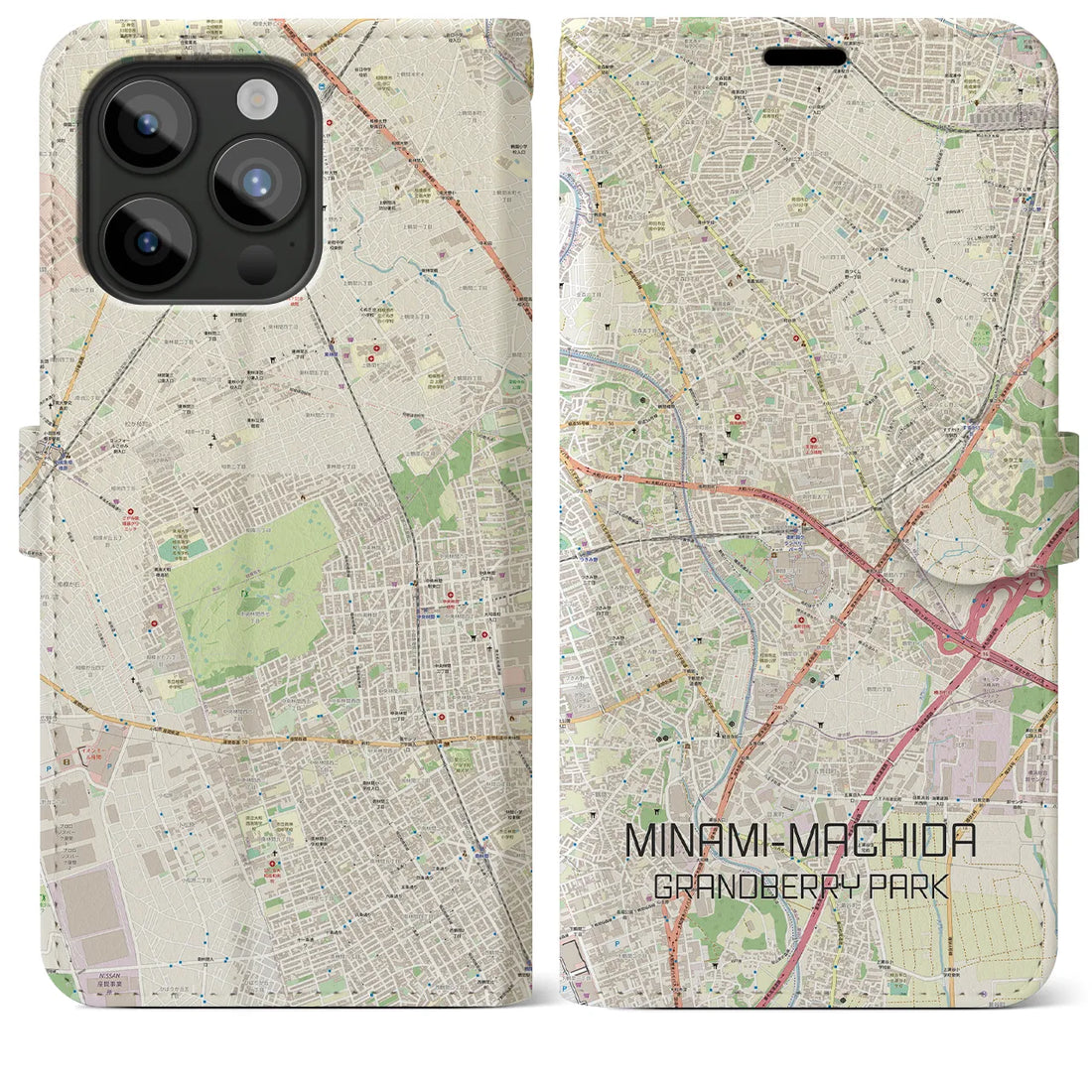 【南町田グランベリーパーク】地図柄iPhoneケース（手帳両面タイプ・ナチュラル）iPhone 15 Pro Max 用