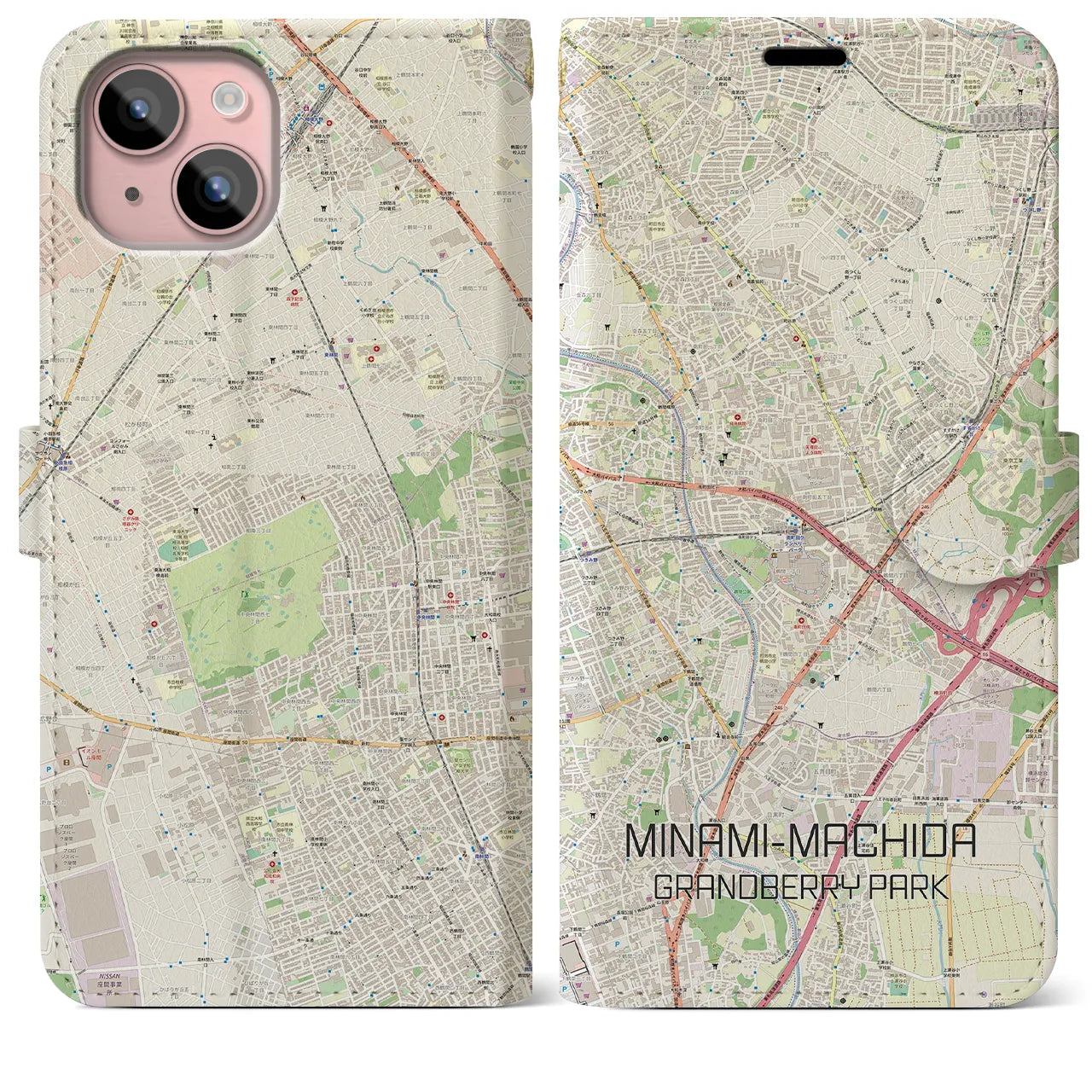 【南町田グランベリーパーク】地図柄iPhoneケース（手帳両面タイプ・ナチュラル）iPhone 15 Plus 用