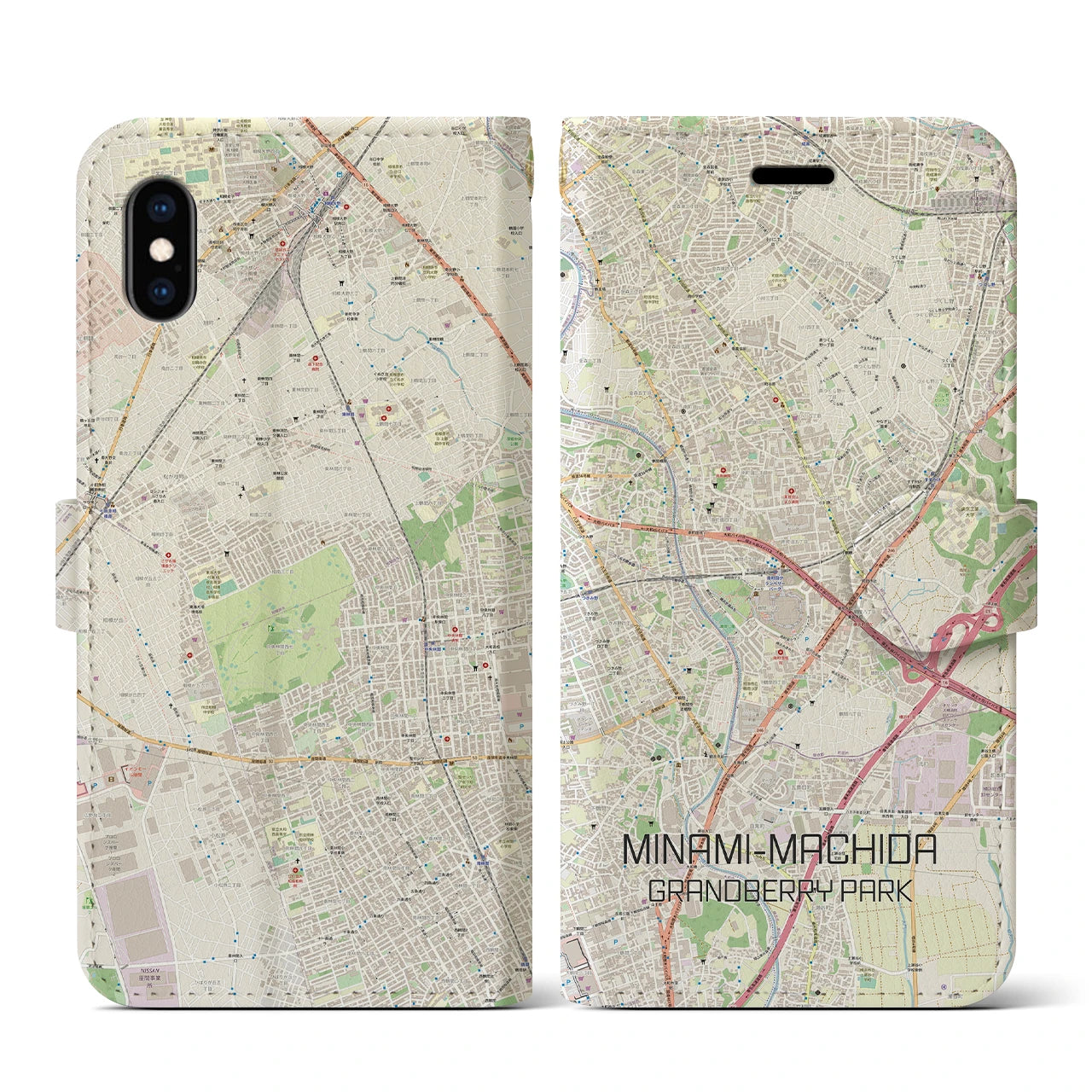 【南町田グランベリーパーク】地図柄iPhoneケース（手帳両面タイプ・ナチュラル）iPhone XS / X 用