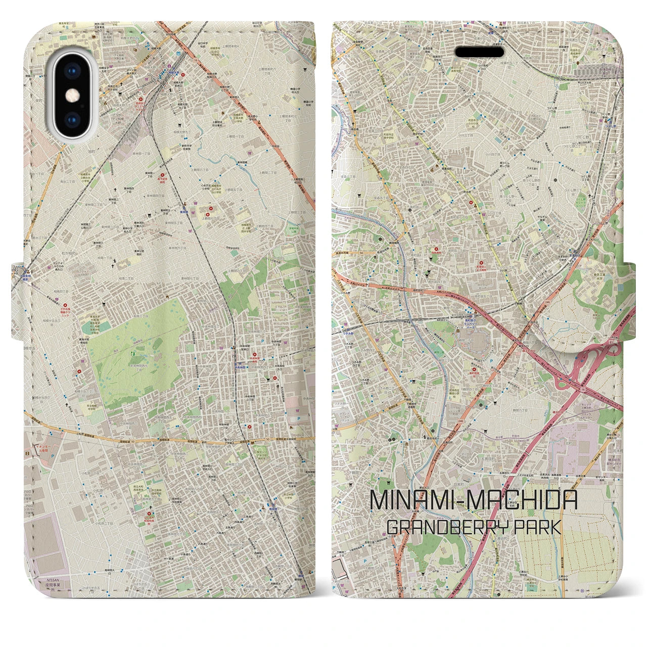 【南町田グランベリーパーク】地図柄iPhoneケース（手帳両面タイプ・ナチュラル）iPhone XS Max 用