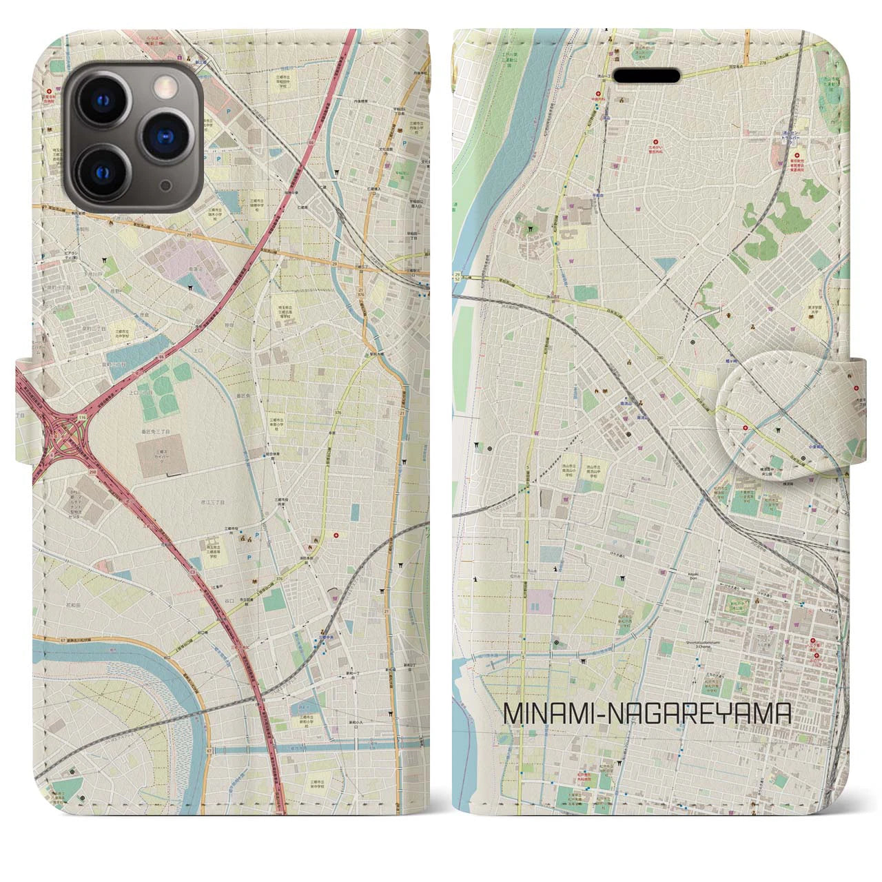 【南流山】地図柄iPhoneケース（手帳両面タイプ・ナチュラル）iPhone 11 Pro Max 用
