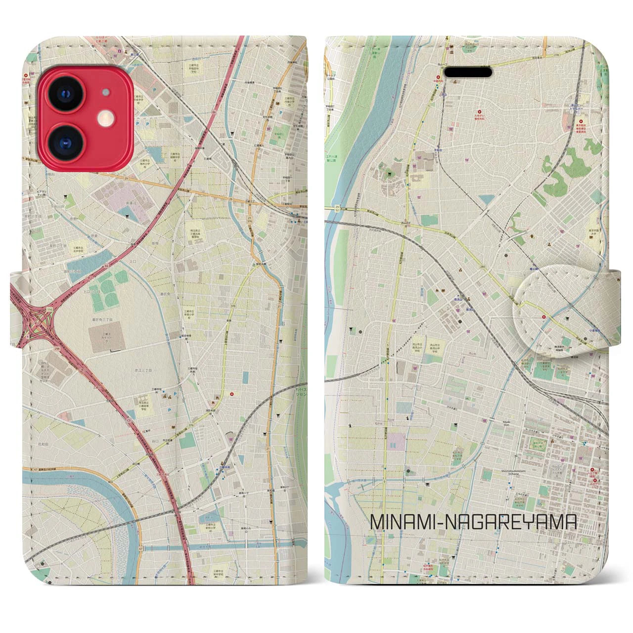 【南流山】地図柄iPhoneケース（手帳両面タイプ・ナチュラル）iPhone 11 用