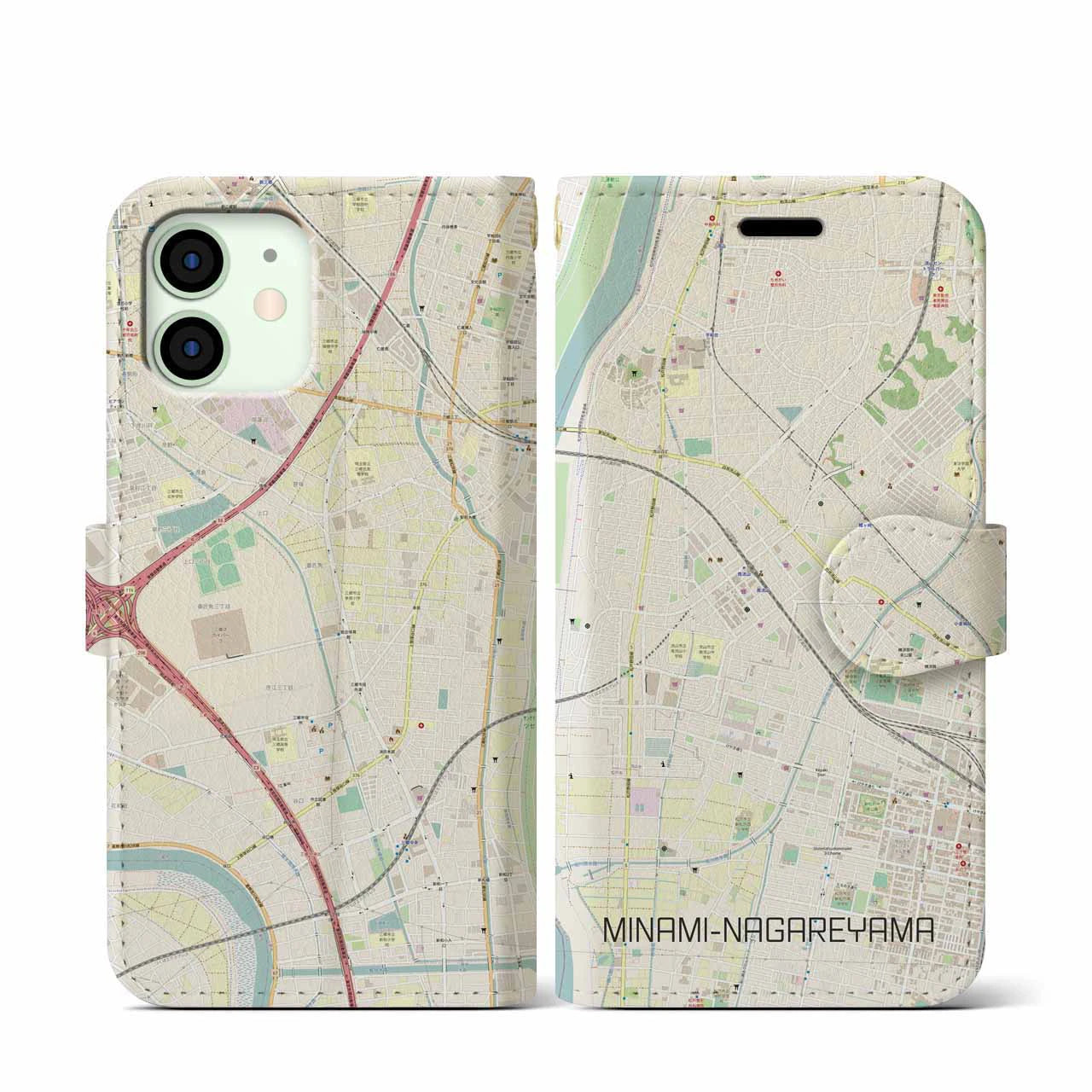 【南流山】地図柄iPhoneケース（手帳両面タイプ・ナチュラル）iPhone 12 mini 用