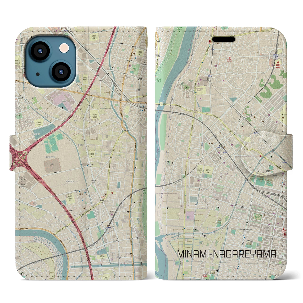 【南流山】地図柄iPhoneケース（手帳両面タイプ・ナチュラル）iPhone 13 用