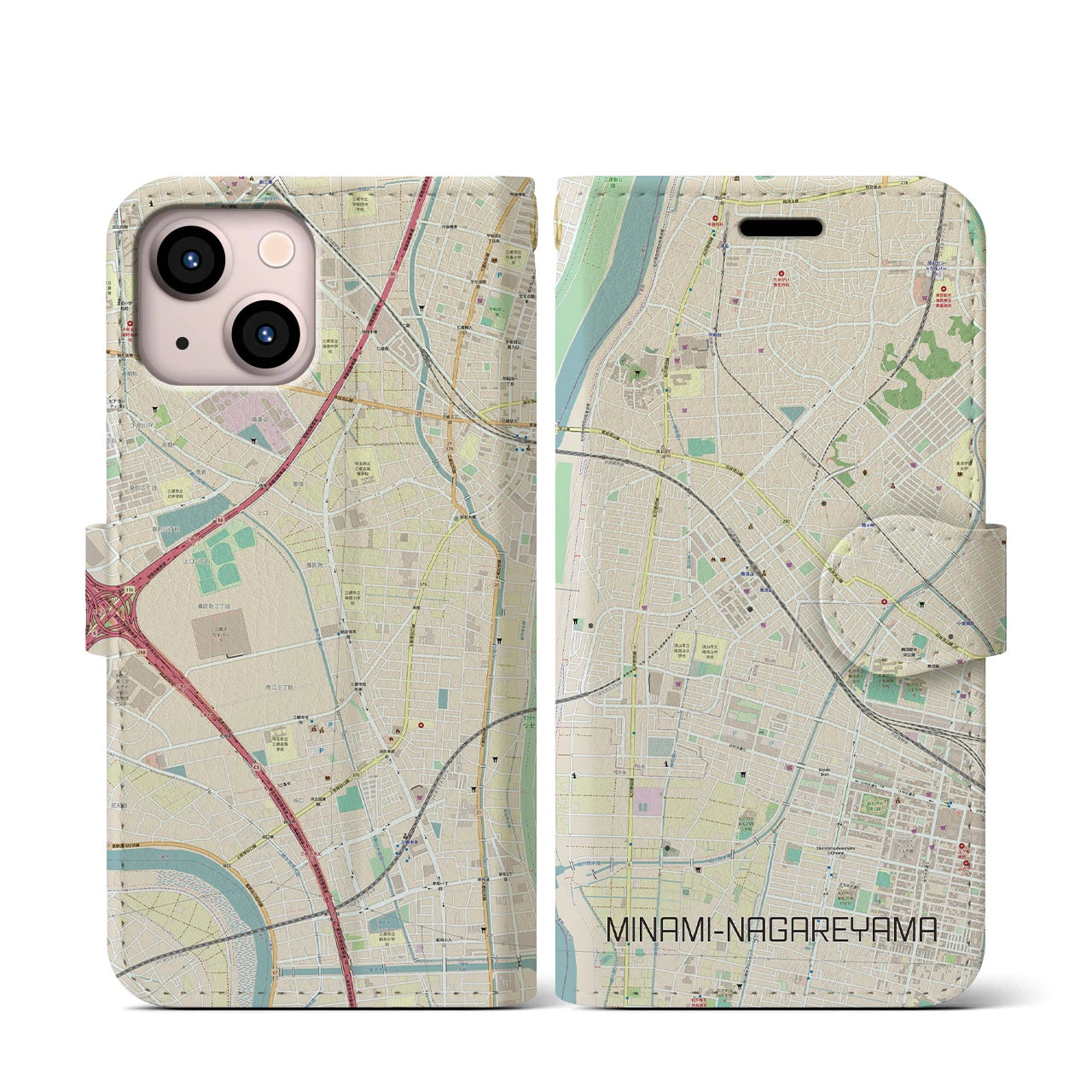 【南流山】地図柄iPhoneケース（手帳両面タイプ・ナチュラル）iPhone 13 mini 用